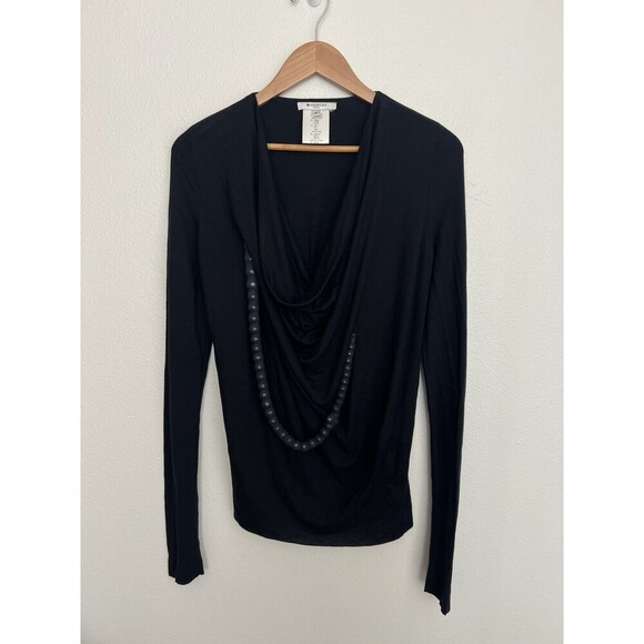 VTG Givenchy Paris Black Draped Cowl Neck Long Sleeve Silk Top Blouse Beaded S - Picture 1 of 6